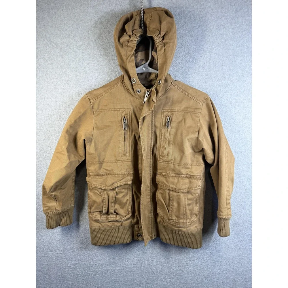 Old Navy Jacket Youth Small Brown Hooded Canvas Bomber Zip Utility Pockets Kids